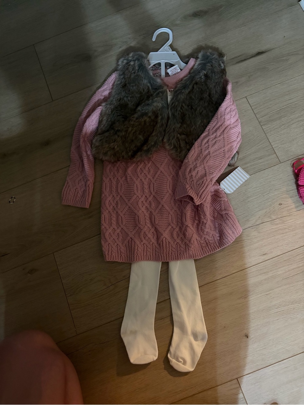 Pink Cable Knit Sweater Dress with Faux Fur Collar